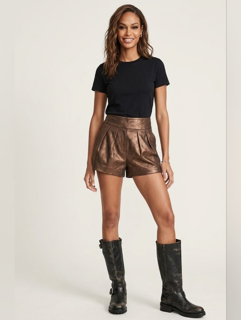 NUDE | Metallic Bronze High-Waist Pleated Shorts
